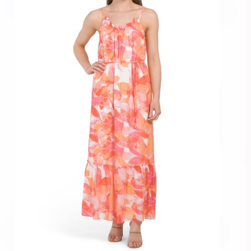 Nicole Miller NWT Orange Floral Chiffon Tiered Maxi Dress Size L